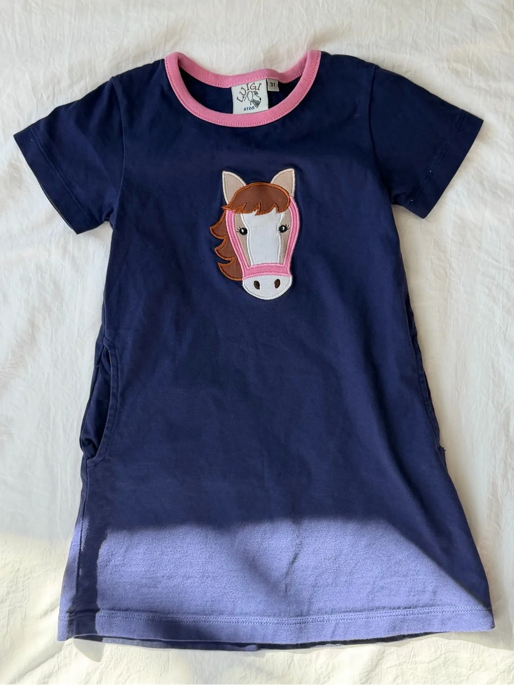 Luigi Kids 3T Navy Horse Appliqué T-Shirt Dress Pink Trim Pockets